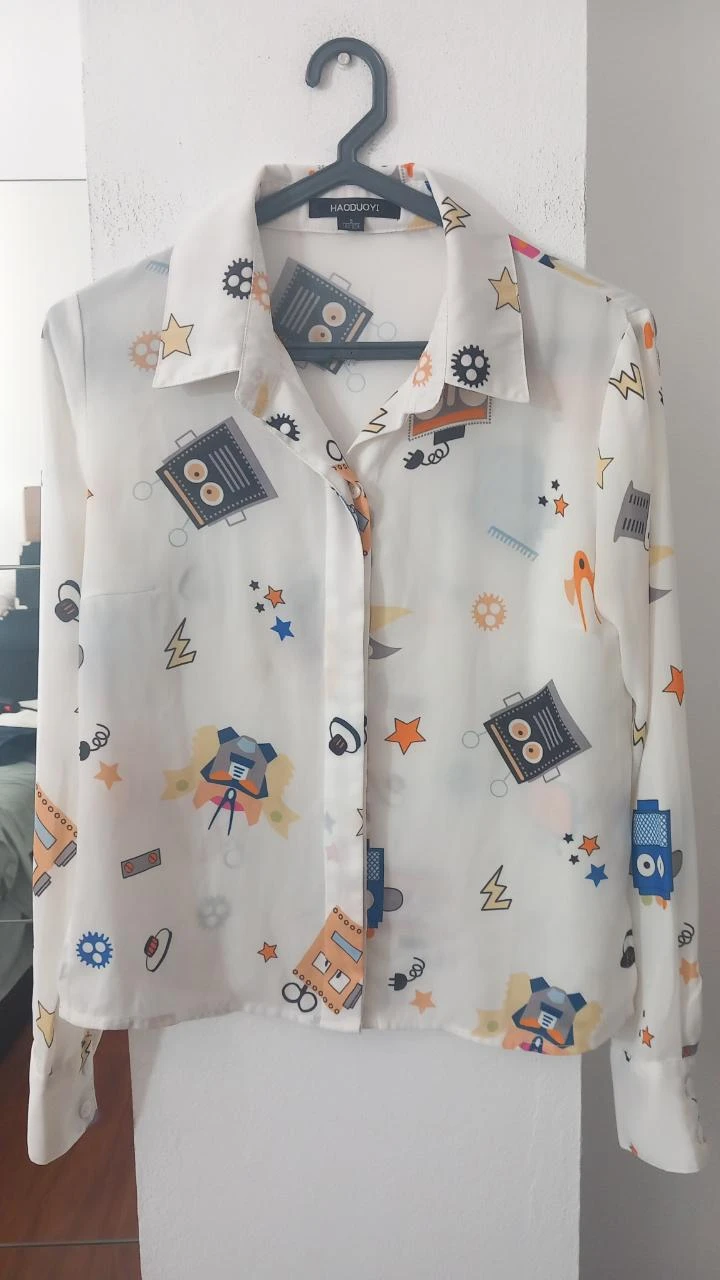 Camisa branca Haoduoyi-S com robôs | Chemise Robots Fun | Robot Print Shirt